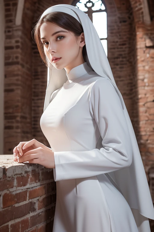 ((masterpiece, highest quality, best image quality, High resolution, realistic, Raw photo, 8K)), ((Highly detailed CG integrated 8k wallpaper)), amazing beauty, perfect proportions, beautiful body, beauty of slim body:1.4), medieval church, brick wall, young nun crying for the camera, ((nun, dressed in white nun )) ,She raises her sabre,