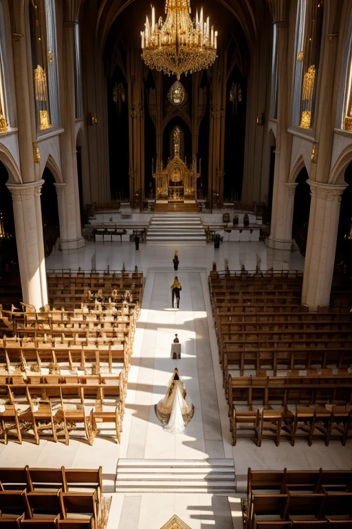 Dimly lit, gigantic golden cathedral seen at an angle slightly above those watching the wedding ceremony taking place. The bride is in the middle of the aisle that takes her to the altar, where the groom is waiting. the bride walks next to her father and both have their backs to the drawing&#39;s point of view. the cathedral is decorated with Renaissance paintings and ornaments on its columns. The image is being seen from above, a noiva, os convidados, o noivo, todos parecem bem pequenos, and everything has a magical and mysterious air. the point of view is centered with the altar, parece um sonho. make it seem as magical and close to fairy tales as possible. remembering that everything is made of gold. o casamento tem que parecer um conto de fadas.