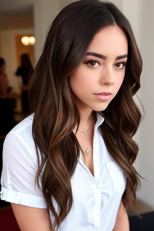 A close-up of a woman with long brown hair in club and a white shirt, Retrato Sophie Mudd, Pokimane, brown hair and large eyes, Isabela Moner, Retrato de la chica cervecera de Madison, Cerveza Soft Devil Queen Madison, Cara impecable, Cerveza Madison, Kailee Mandel, Chloe Bennet, Cara perfecta detallada, Girl with brown hair, Retrato de Demi Rose 