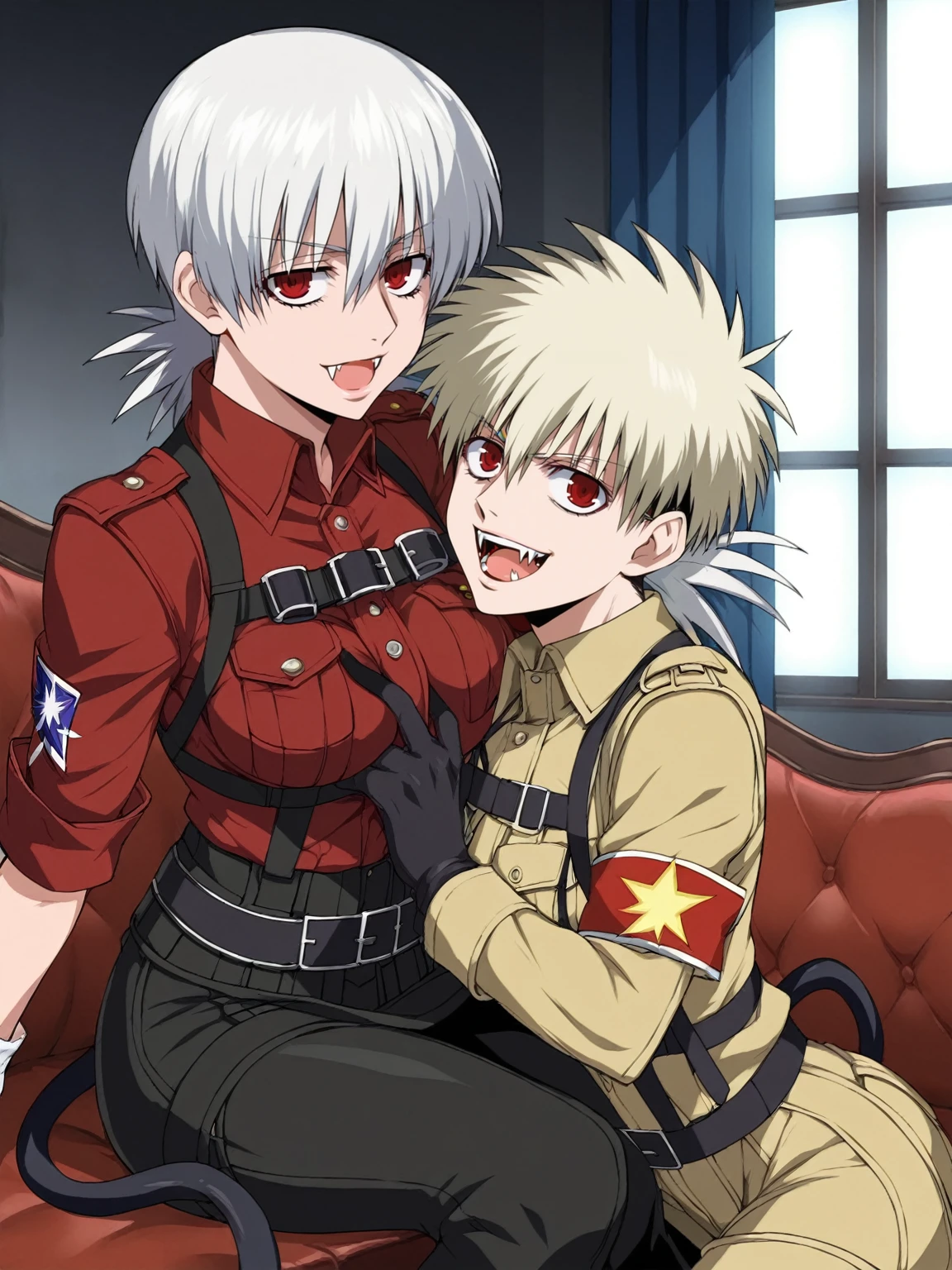 score_9, score_8_up, score_7_up, source_anime, BREAK by ikuchan kaoru, iku, clean color, flat color, 2girls, anime screencap, screencap, crossover, indoors, couch, sitting,breast press, BREAK, ((hellsing, seras victoria, vampire, fangs, red eyes, short hair)), BREAK, ((one piece, boa hancock, black hair, long hair, blue eyes))