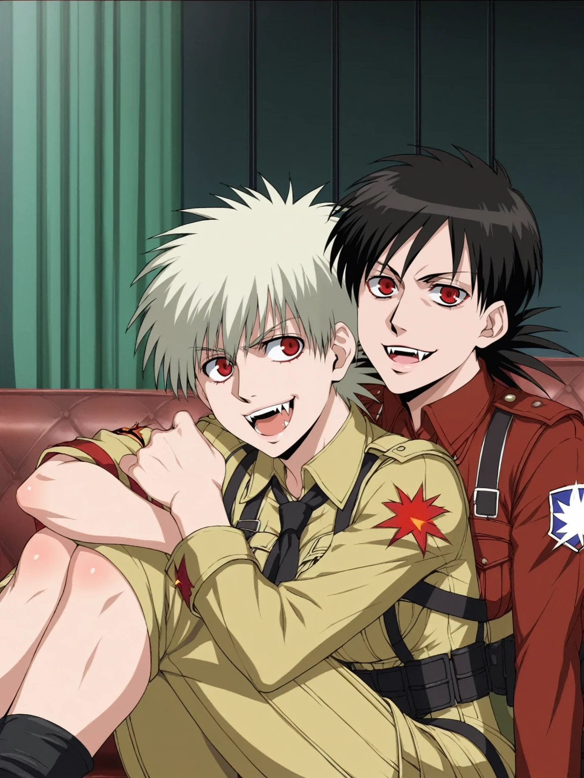 score_9, score_8_up, score_7_up, source_anime, BREAK by ikuchan kaoru, iku, clean color, flat color, 2girls, anime screencap, screencap, crossover, indoors, couch, sitting,breast press, BREAK, ((hellsing, seras victoria, vampire, fangs, red eyes, short hair)), BREAK, ((one piece, boa hancock, black hair, long hair, blue eyes))