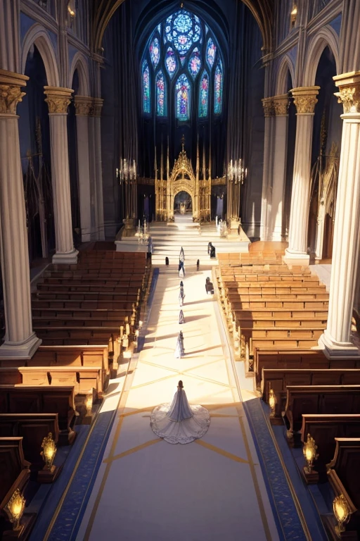 Dimly lit, gigantic golden cathedral seen at an angle slightly above those watching the wedding ceremony taking place. The bride is in the middle of the aisle that takes her to the altar, where the groom is waiting. the bride walks next to her father and both have their backs to the drawing&#39;s point of view. the cathedral is decorated with Renaissance paintings and ornaments on its columns. The image is being seen from above, a noiva, os convidados, o noivo, todos parecem bem pequenos, and everything has a magical and mysterious air. the point of view is centered with the altar, parece um sonho. make it seem as magical and close to fairy tales as possible. remembering that everything is made of gold. o casamento tem que parecer um conto de fadas.