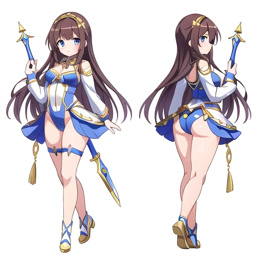 masterpiece, best quality, cute eyes, 1girl, solo, high fantasy costume, ((white background)), full body, multiple views, holding weapon, leotard,
