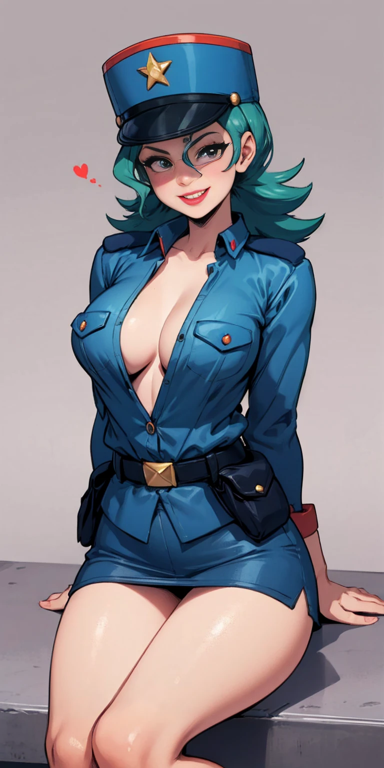 Jenny-pokemon, goregous police woman, sitting, perfect legs, ((arms behind back)), unbutton shirt, busty, colossal cleavage, lipstick, smiling, police cap, ((plain background:1.3))