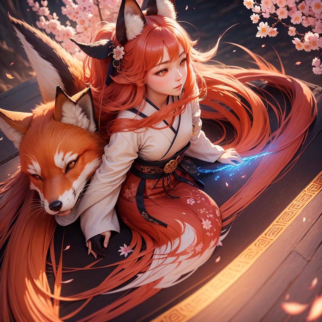 1girl, Kitsune, long flowing hair, fox ears and fox tail Best quality, ultra-detailed,vibrant colors, traditional Japanese art, ethereal atmosphere, mystical aura, captivating beauty, cherry blossoms, enchanting landscape,radiant sunlight, soft glow