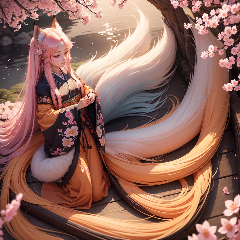

1girl, Kitsune, long flowing hair, fox ears and fox tail Best quality, ultra-detailed,vibrant colors, traditional Japanese art, ethereal atmosphere, mystical aura, captivating beauty, cherry blossoms, enchanting landscape,radiant sunlight, soft glow
