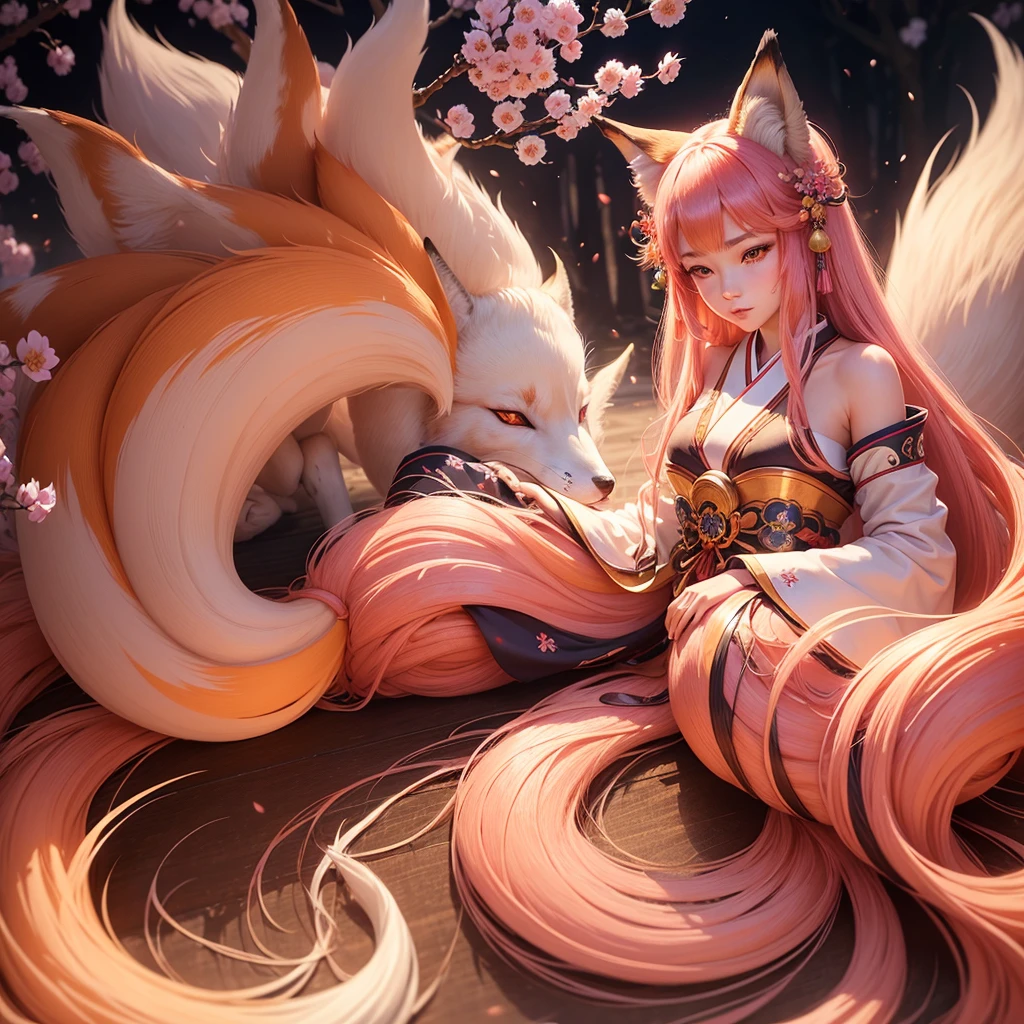 

1girl, Kitsune, long flowing hair, fox ears and fox tail Best quality, ultra-detailed,vibrant colors, traditional Japanese art, ethereal atmosphere, mystical aura, captivating beauty, cherry blossoms, enchanting landscape,radiant sunlight, soft glow