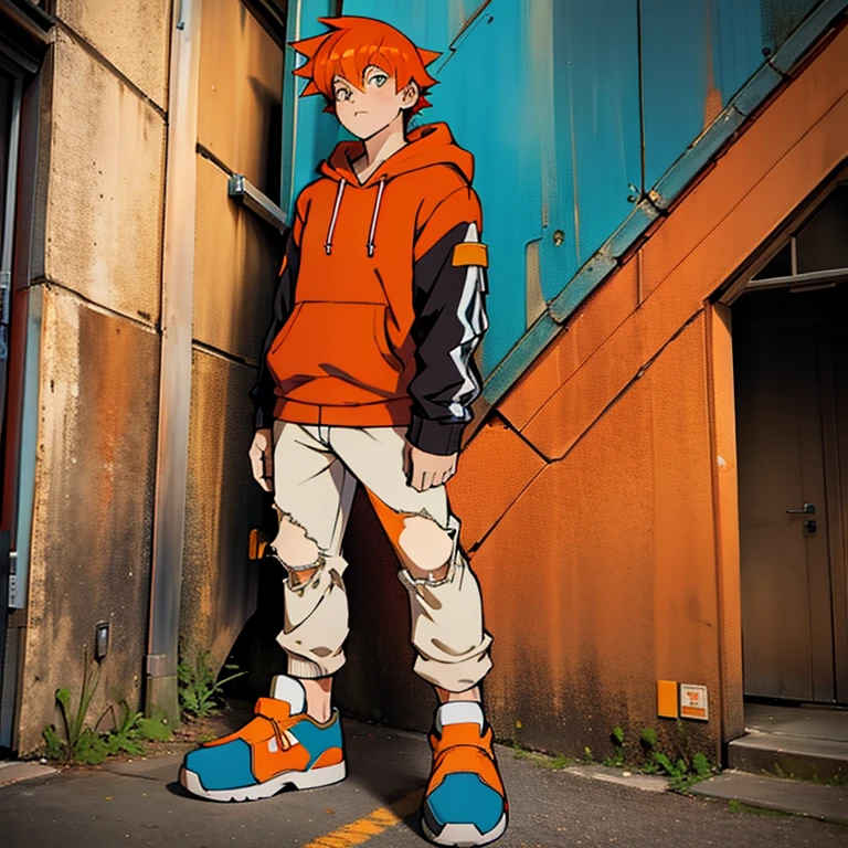 (masterpiece, best quality:1.2),  human Male Adolescent ,wearing punk Clothings , Orange  hair  ,((wearing Red Coat hoodie)) ,freckles, white shirt  , Full body , Ripped pants  ,Shoes  ,cool pose