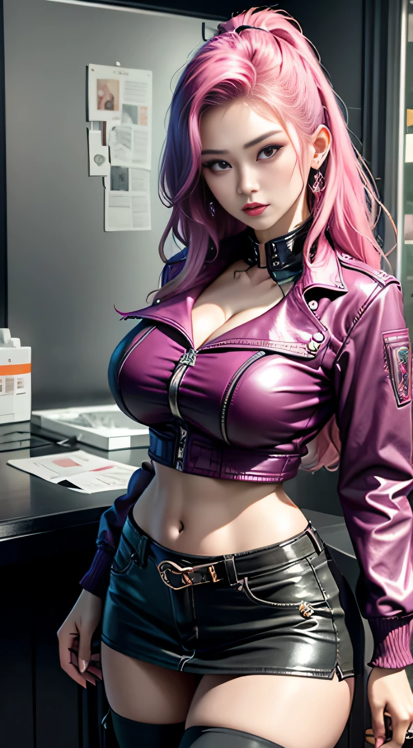 realistic, High resolution, soft light,1 female, alone, hip up, glowing skin, (detailed face),tattoo, jewelry, strange uniform, black stockings, garter belt, night, pink hair, wavy hair, beautiful soldier, Eyes that invite the viewer, Spouse&#39;perspective, attractive appearance, sexy smile, perfect style, perfect balance, fine skin, naughty look, I can see your breasts,,(No panties), (No bra), (erect nipples),Wet,(((torn costume)))