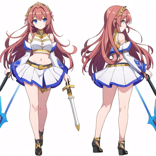 masterpiece, best quality, cute eyes, 1girl, solo, high fantasy costume, ((white background)), full body, multiple views, holding weapon, crop top,