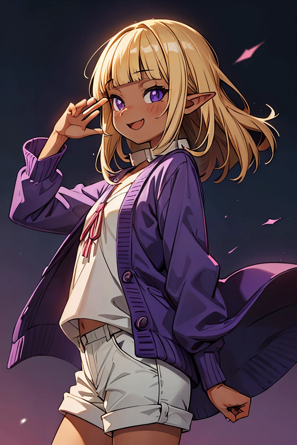 ((Masterpiece)), (Anime:1.3), ((best quality)), (RAW photo:1.2), (High Definition:1.3), (Professional Photography:1.2), (), (1girl), cute young girl, from side, BREAK, (Smug face:1.3), open mouth, (Beautiful purple eyes:1.5), (dark skin), elf girl, wear a long cardigan, flat chest, slim body, (hair over eyes), (blunt bangs:1.3), unruly hair, (medium hair), ((beautiful blond hair)), wear a long cardigan, shortpants, BREAK, ((best quality)), (waving pose), (on the tropical country),
