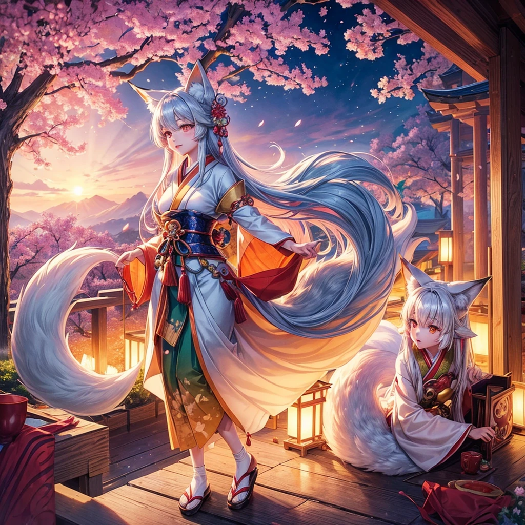 

1girl, Kitsune, long flowing hair, fox ears and fox tail Best quality, ultra-detailed,vibrant colors, traditional Japanese art, ethereal atmosphere, mystical aura, captivating beauty, cherry blossoms, enchanting landscape,radiant sunlight, soft glow