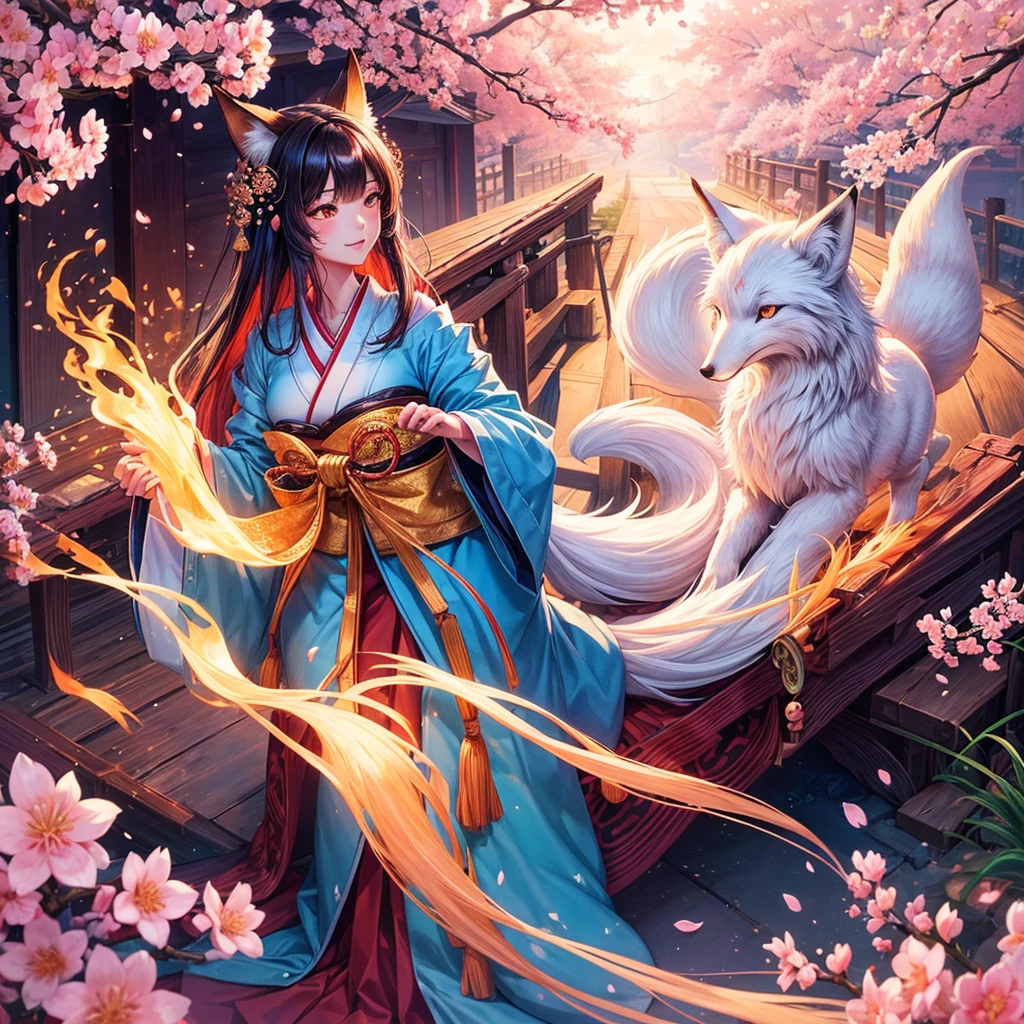 

1girl, Kitsune, long flowing hair, fox ears and fox tail Best quality, ultra-detailed,vibrant colors, traditional Japanese art, ethereal atmosphere, mystical aura, captivating beauty, cherry blossoms, enchanting landscape,radiant sunlight, soft glow