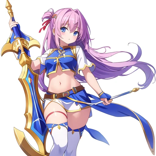 masterpiece, best quality, cute eyes, 1girl, solo, high fantasy costume, ((white background)), full body, holding weapon, crop top,