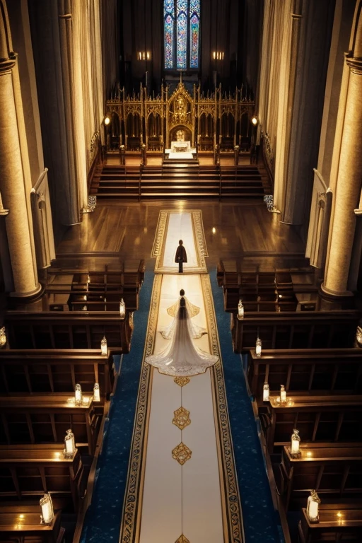 Dimly lit, gigantic golden cathedral seen at an angle slightly above those watching the wedding ceremony taking place. The bride is in the middle of the aisle that takes her to the altar, where the groom is waiting. the bride walks next to her father and both have their backs to the drawing's point of view. the cathedral is decorated with Renaissance paintings and ornaments on its columns. The image is being seen from above, a noiva, os convidados, o noivo, todos parecem bem pequenos, and everything has a magical and mysterious air. the point of view is centered with the altar, parece um sonho. make it seem as magical and close to fairy tales as possible. remembering that everything is made of gold. o casamento tem que parecer um conto de fadas.