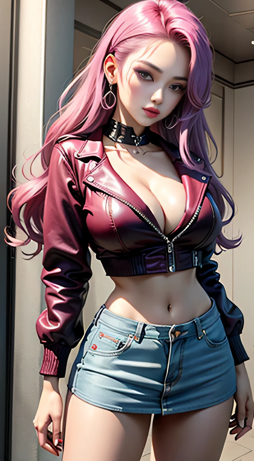 sfw, magenta tint、Bright colorasterpiece)))、(((top quality)))、((Super detailed))、(surreal)、(Very detailed CG illustrations)、official art、CD cover、This will be、midsummer、fashionable、The glorious 1980s、cruel beauty、cochetti gorgeous、gorgeous、Colorful hair、rock music、leather jacket、miniskirt、women only、perfect angle、Perfect composition, wearing bra,((skinny waist)), young asian girl, ((big breasted)),