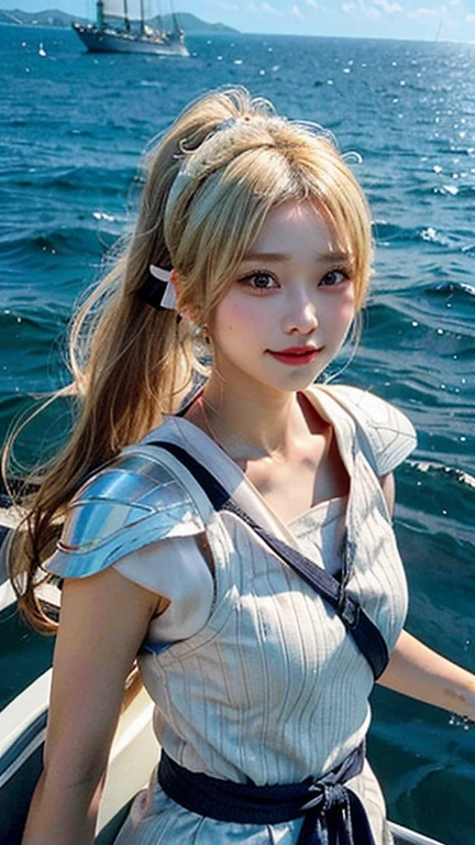 japanese woman、young、beautiful skin、gal、elation、blonde hair、Straight ponytail、long hair、Ocean、on the boat、armor、headband、Fight、spear
