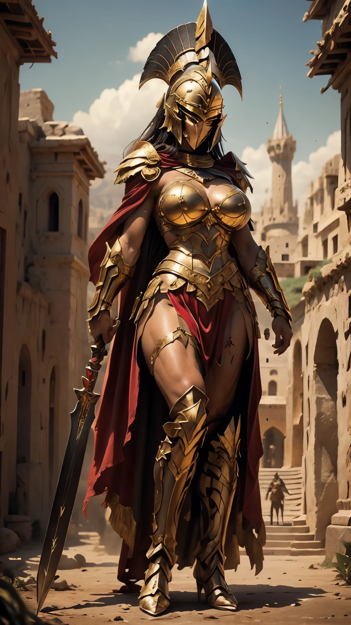 beautiful black African woman warrior in golden Greek armor, jet black hair, fabulous, beautiful view, Cute face, black girl, ebony, Hoplite helmet with red top, muscular body, Black skin, dark-skinned african woman, Huge naked breasts, bare chest, standing nipples, sexy pose, spear and shield in hands, I&#39;m looking at the viewer, Foreground, ModelShot Pose, masterpiece, Best quality, 8 thousand., blurred background, antique fantasy castle in the background, surrealism, ultrarealism, Hipperrealism, you can see all the details, sharp image