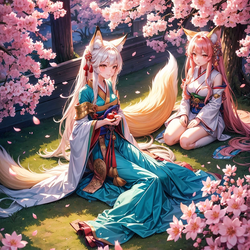 1girl, Kitsune, long flowing hair, fox ears and fox tail Best quality, ultra-detailed,vibrant colors, traditional Japanese art, ethereal atmosphere, mystical aura, captivating beauty, cherry blossoms, enchanting landscape,radiant sunlight, soft glow