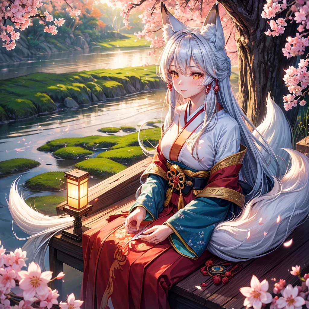 1girl, Kitsune, long flowing hair, fox ears and fox tail Best quality, ultra-detailed,vibrant colors, traditional Japanese art, ethereal atmosphere, mystical aura, captivating beauty, cherry blossoms, enchanting landscape,radiant sunlight, soft glow