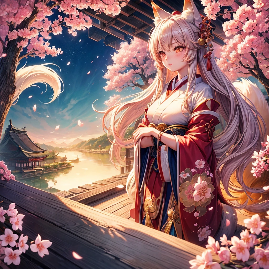 

1girl, Kitsune, long flowing hair, fox ears and fox tail Best quality, ultra-detailed,vibrant colors, traditional Japanese art, ethereal atmosphere, mystical aura, captivating beauty, cherry blossoms, enchanting landscape,radiant sunlight, soft glow