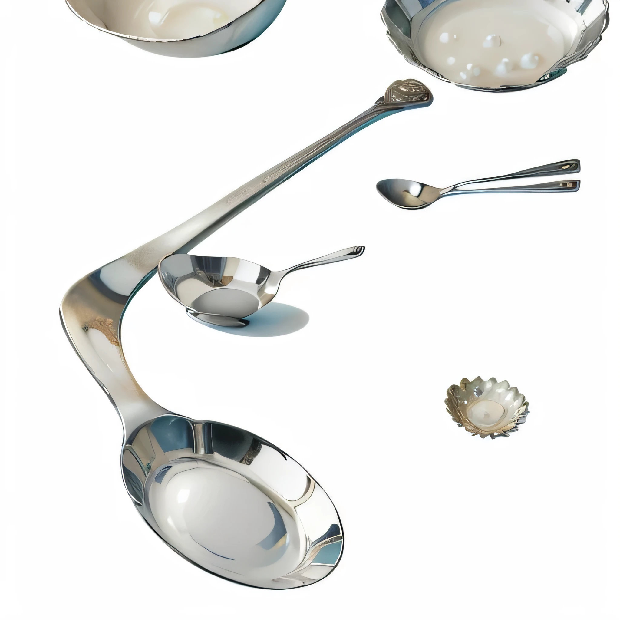 a close up of a group of spoons and bowls with spoons, spoon placed, spoon, Knives, Inspired by Anna Forsley, Inspired by Marcel Duchamp, Marcel Duchamp&#39;s style, Electroplating arm, pearl silver plate, inspired by Méret Oppenheim, Inspired by Susan Duchamp-Crotty, spoon slim figure, fine dining, Bone