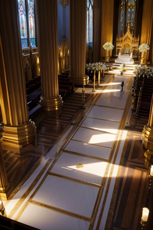 Dimly lit, gigantic golden cathedral seen at an angle slightly above those watching the wedding ceremony taking place. The bride is in the middle of the aisle that takes her to the altar, where the groom is waiting. the bride walks next to her father and both have their backs to the drawing&#39;s point of view. the cathedral is decorated with Renaissance paintings and ornaments on its columns. The image is being seen from above, a noiva, os convidados, o noivo, todos parecem bem pequenos, and everything has a magical and mysterious air. the point of view is centered with the altar, parece um sonho. make it seem as magical and close to fairy tales as possible. remembering that everything is made of gold. o casamento tem que parecer um conto de fadas.