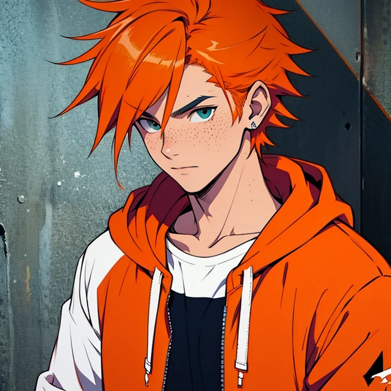 (masterpiece, best quality:1.2),  human Male scent ,wearing punk Clothings , (((Orange  hair  )),wearing Red  hoodie ,freckles, white shirt 