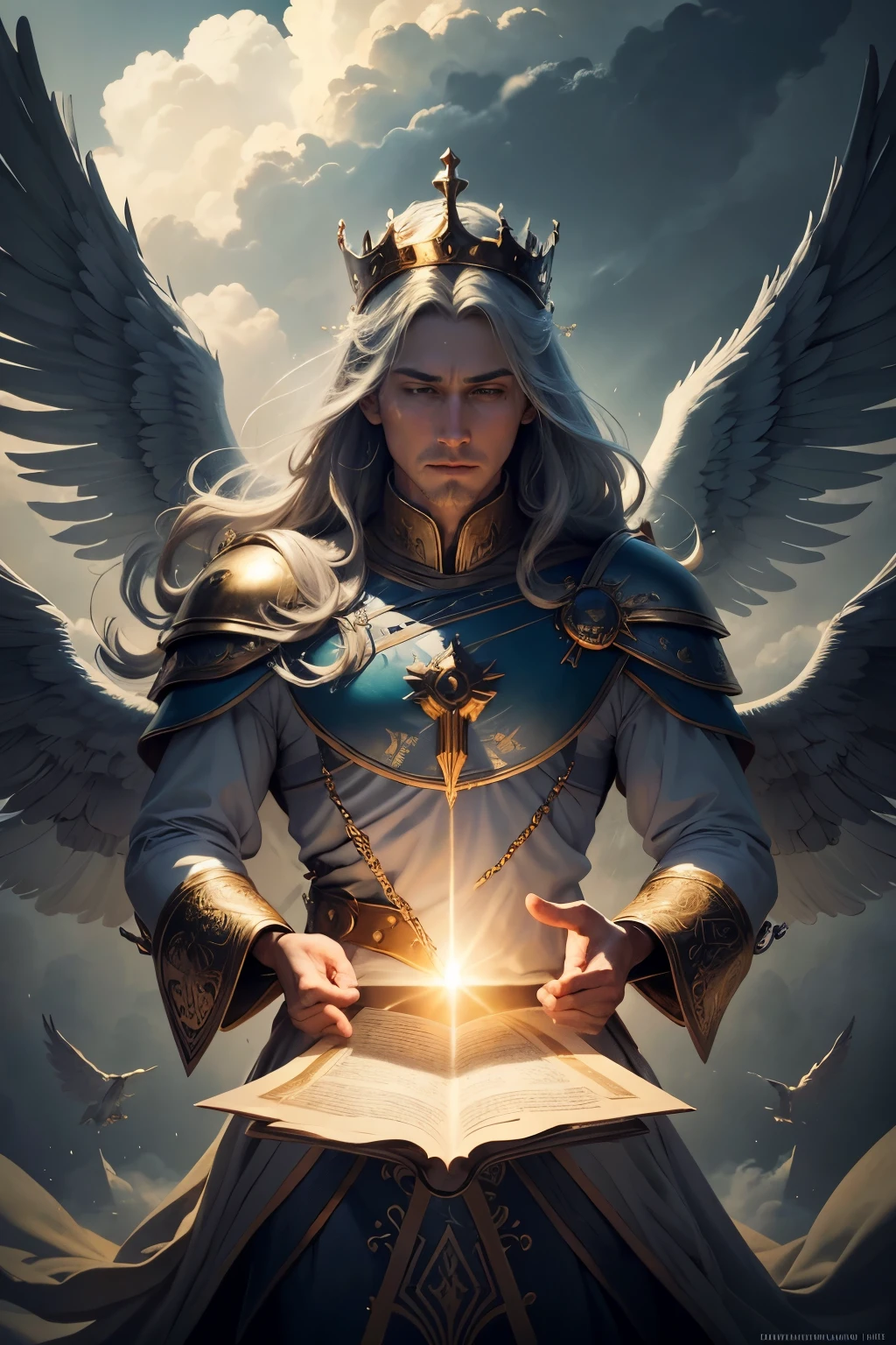 ((Best quality)), ((masterpiece)), ((realistic cartoon)):
Multiple angels flying behind,Brandishing holy scripture,Amidst the voluminous clouds, the majestic king reading a long parchment, sits gracefully adorned with a golden crown. In a wide shot, a lot of angels flying behind, He is accompanied by His army of angels as He prepares to return triumphantly to Earth, surrounded by the ethereal radiance of volumetric light.

Every element of this masterpiece is carefully designed to create a sense of realism and immersion.The mesmerizing effects of this elemental, all contribute to a captivating visual experience. This artwork is presented in stunning UHD resolution, allowing you to appreciate every nuance and intricacy in breathtaking detail.

Low Angle view,Scenic, masterpiece,mtg art,magic the gathering art.