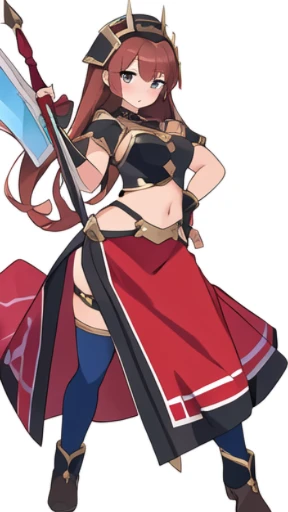 masterpiece, best quality, cute eyes, 1girl, solo, high fantasy costume, ((white background)), full body, multiple views, holding weapon, crop top,