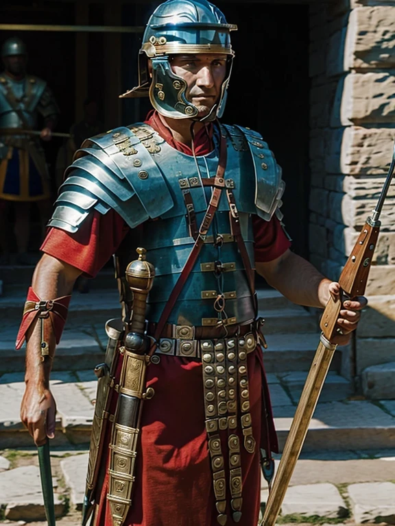 roman legionary, holding spear, looking directly at viewer