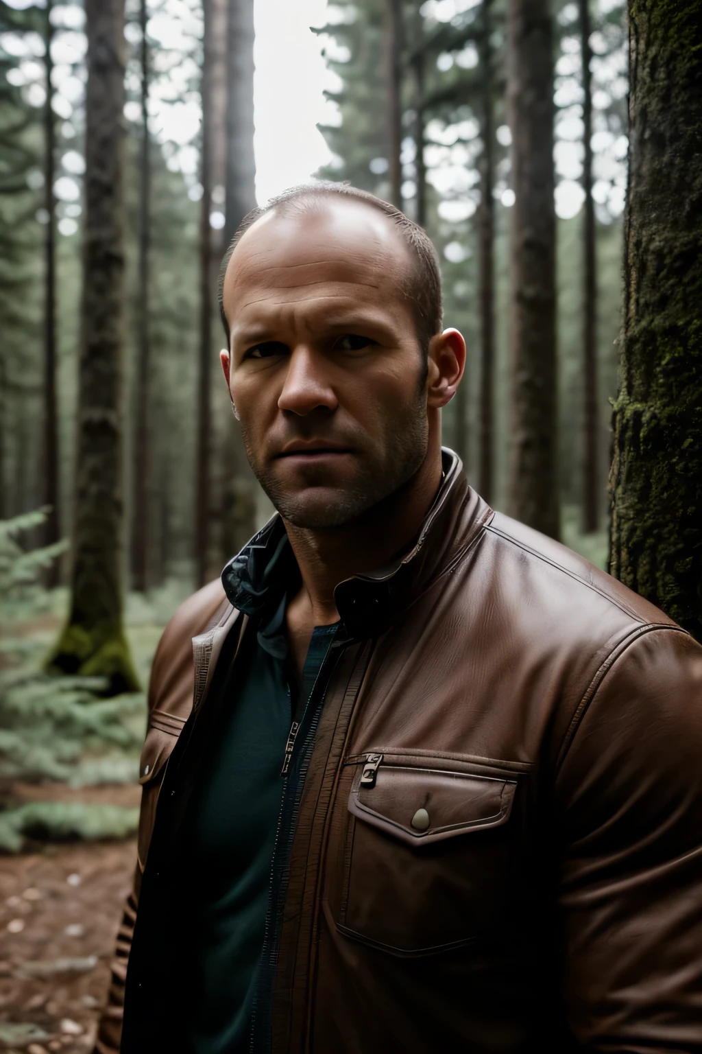 RAW photo, a portrait photo of jason statham, traveler clothes, standing in the forest, natural skin, 8k uhd, high quality, film grain, Fujifilm XT3