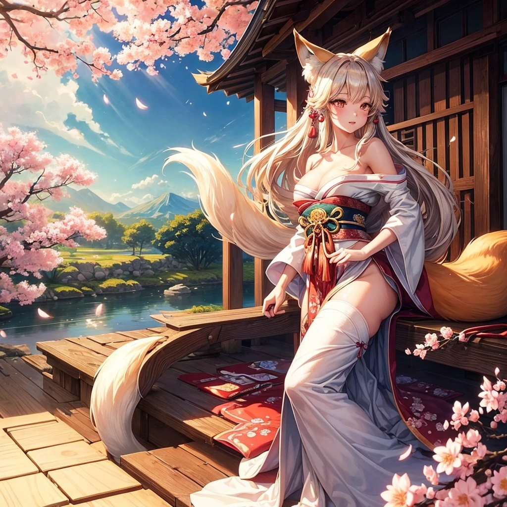 1girl, Kitsune, long flowing hair, fox ears and fox tail Best quality, ultra-detailed,vibrant colors, traditional Japanese art, ethereal atmosphere, mystical aura, captivating beauty, cherry blossoms, enchanting landscape,radiant sunlight, soft glow