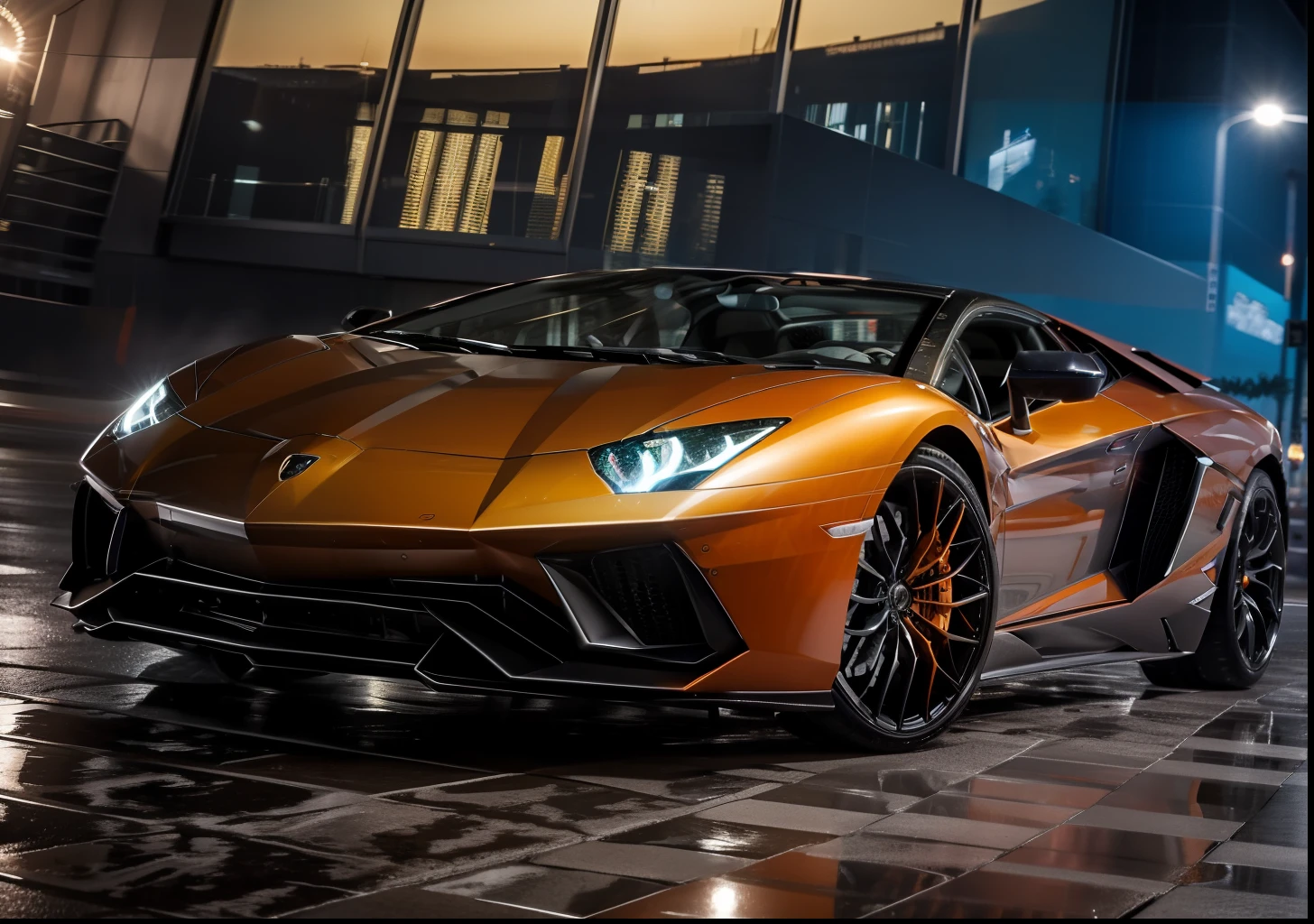 A lamborghini aventador S color black and orange the streets of city miami, Exquisite detail, taken with long exposure to capture the movement of cars and people,insane detail, , 8k, photography, Sony Alpha, Canon 5D, Fujifilm xt100
