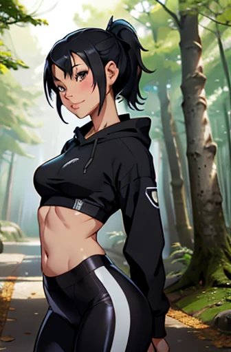 Solo, Japanese girl, 1girl, standing, asymetric short black hair, skin tight leggins, short hoodie, belly free, forest cobble path, small seductive lips, smirking, skin, ponytail, downturned nose