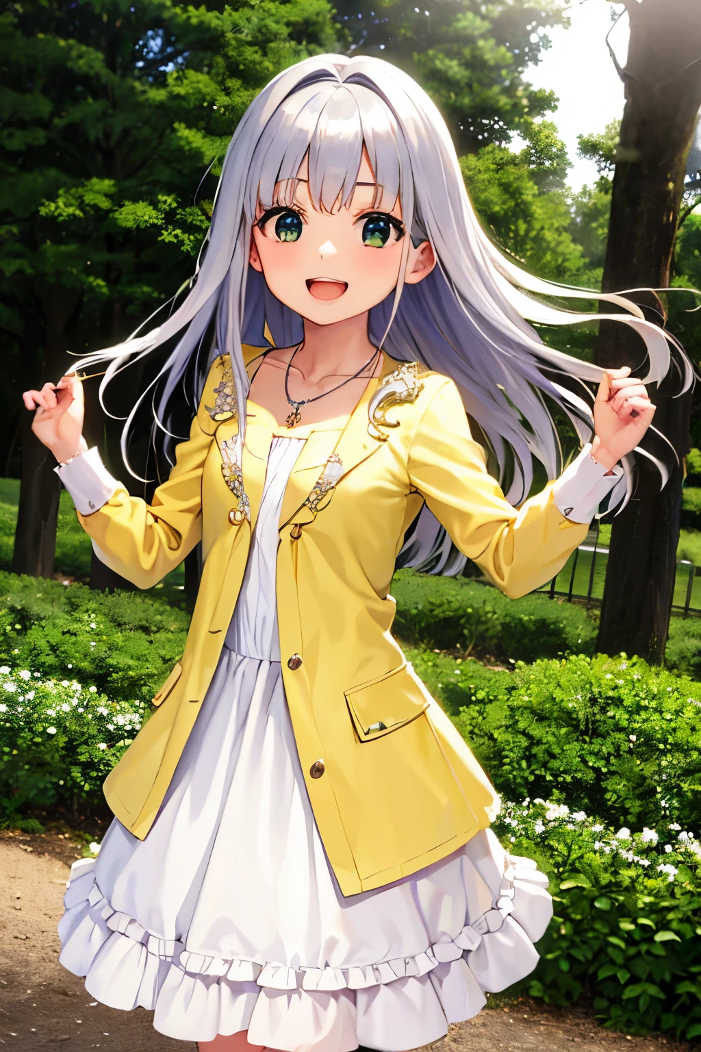 Cabello largo plateado, ojos verdes, headband, necklace, flat breast, jacket, ruffled dress, sonrisa, happy, muslos hermosos, bosque, deshabitado