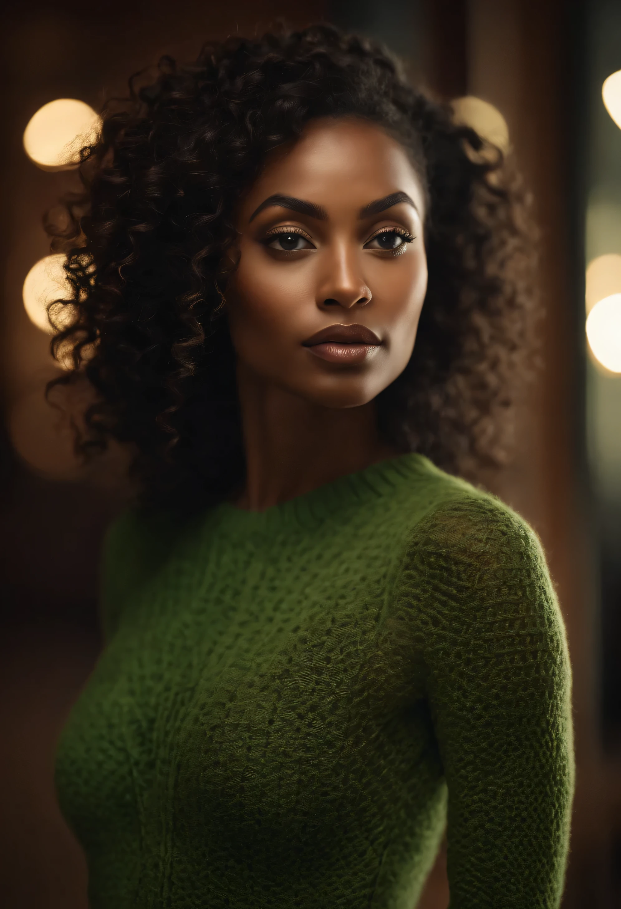 (best quality,highres),African-American female,green knitted see-through body suit,beautiful detailed eyes,beautiful detailed lips,long eyelashes,dark curly hair,confident expression,natural light,portrait style,vivid colors,sharp focus,ultra-fine painting,detailed skin texture,feminine pose,studio lighting,photorealistic aesthetic.