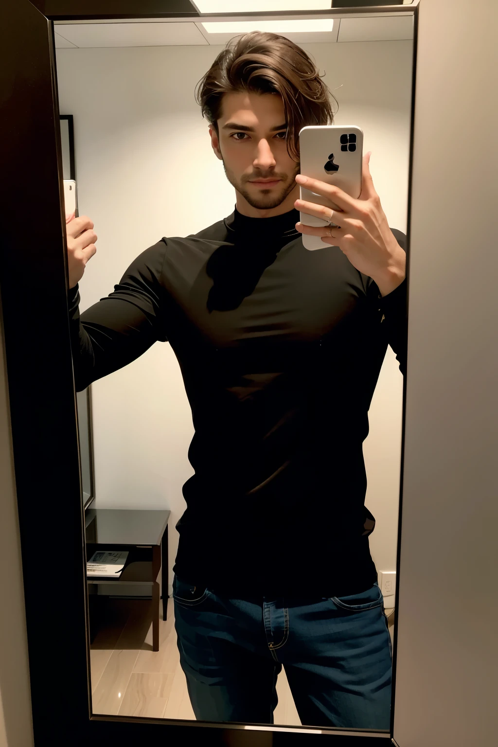 A man, with a sleek, modern smartphone in hand, is captivated by his reflection in the mirror. He carefully positions himself, adjusting his posture to ensure an attractive angle. With a friendly smirk on his face, he raises the phone to take a selfie, the mirror reflecting his eager expression. The mirror's surface, reflecting the scene, adds an intriguing depth to the image. The mirror's edges are slightly blurred in the background, adding to the focus on the man and his selfie-taking endeavor. The mirror's surface is absolutely spotless, allowing for a clear reflection that enhances the details of the man's features—his sharp jawline