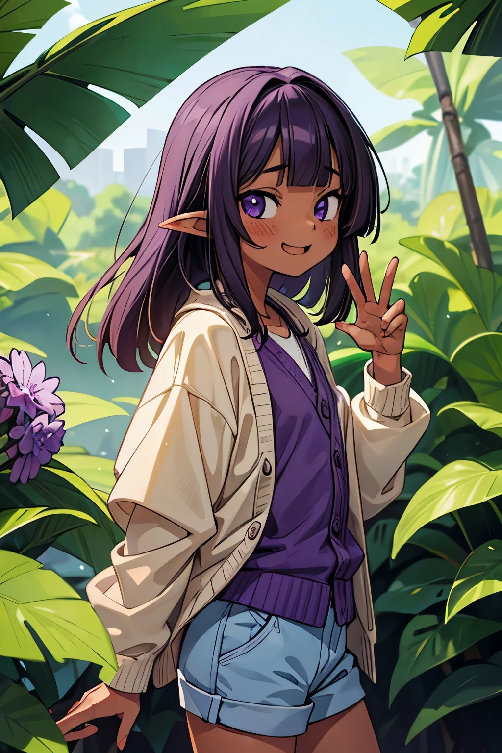 ((Masterpiece)), (Anime:1.3), ((best quality)), (RAW photo:1.2), (High Definition:1.3), (Professional Photography:1.2), (), (1girl), cute young girl, from side, BREAK, (Smug face:1.3), open mouth, (Beautiful purple eyes:1.5), (dark skin), elf girl, (wear a long cardigan), bikini top, flat chest, slim body, (hair over eyes), (blunt bangs:1.3), unruly hair, (medium hair), ((beautiful blond hair)), wear a long cardigan, shortpants, BREAK, ((best quality)), (waving pose), (on the tropical country),