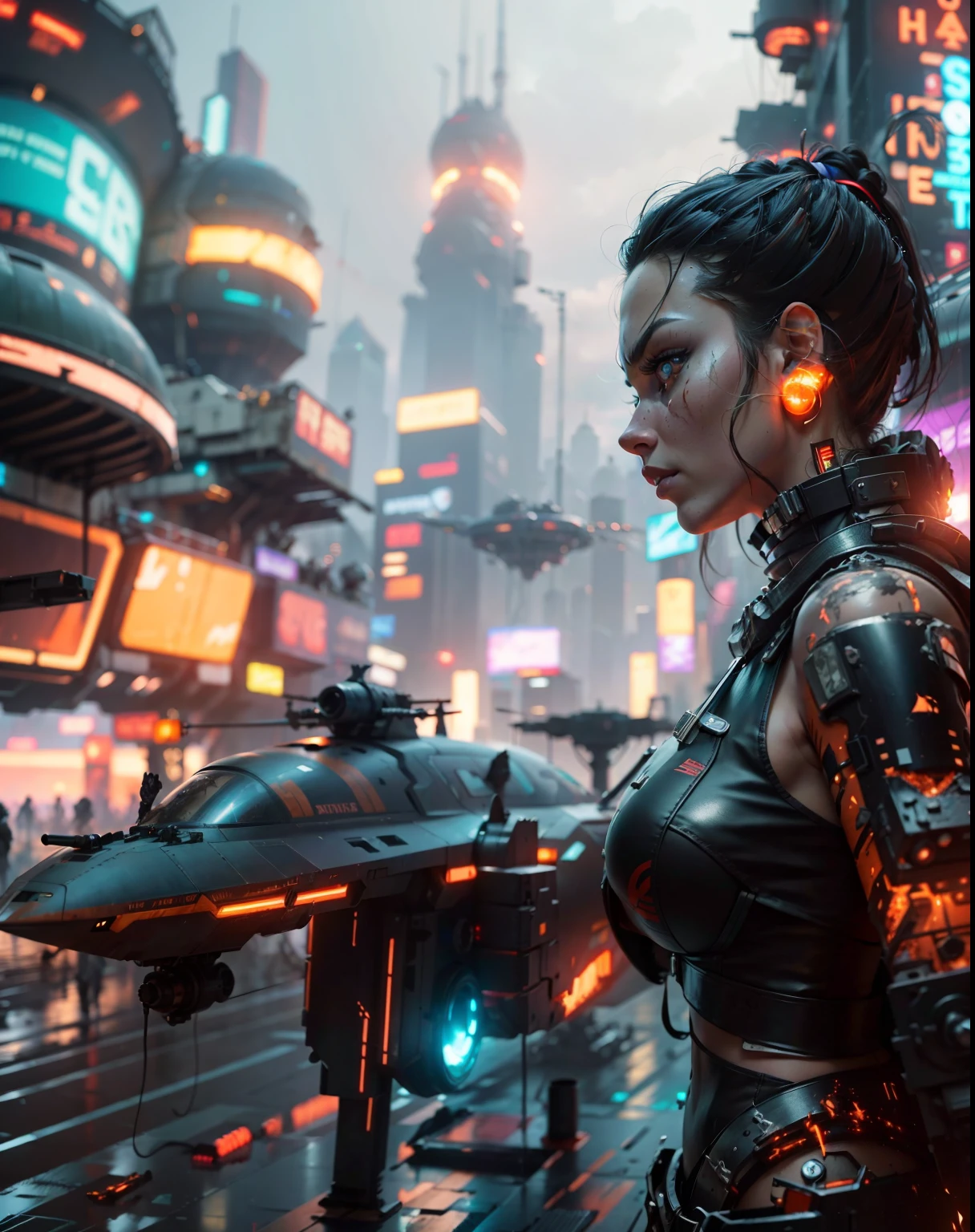 Scene:

The foreground is dominated by a breathtaking view of a cyberpunk warrior woman. Her chrome and leather armor gleams under the neon glow of the cityscape, each cybernetic enhancement a testament to her prowess. Her piercing gaze fixates on a point beyond the viewer, hinting at a hidden threat or unwavering determination.

In the background, a massive spaceship descends towards the sprawling spaceport. Its sleek, aerodynamic hull is marred by patches of flickering red, suggesting a fire raging within. Smoke and sparks billow from its underbelly, casting an ominous orange haze on the landing platform below.

Details:

The warrior woman's cybernetic enhancements could include a glowing eye implant, a concealed arm cannon, or reinforced exoskeletal limbs.
The cityscape is a chaotic blend of towering megastructures, neon advertisements, and flickering holographic displays. Rain slicks the metallic streets, reflecting the vibrant lights in a kaleidoscope of colors.
The spaceship's design hints at its troubled arrival. Burn marks scorch its surface, and emergency lights flash frantically. Cargo containers dangle precariously from its damaged hull.
Mood:

The scene evokes a sense of tension, urgency, and defiance. The warrior woman stands poised for action, her confident stance a stark contrast to the turmoil brewing in the background. The fiery spaceship foreshadows an impending crisis, yet the warrior's unwavering gaze suggests a flicker of hope amidst the chaos.