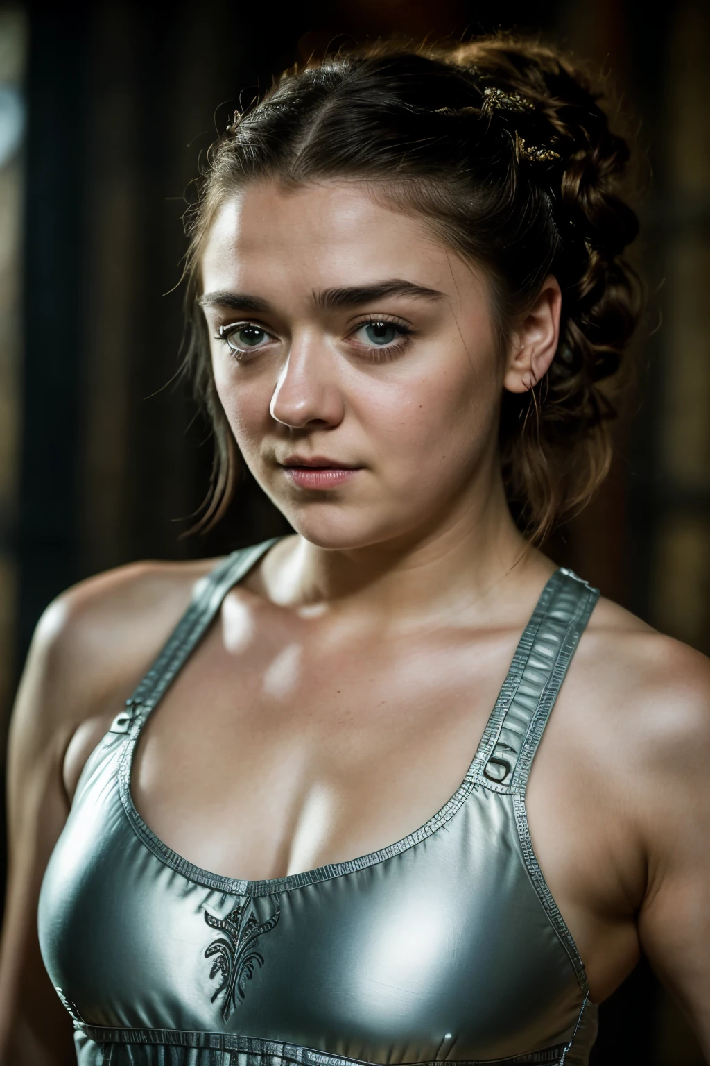 Foto RAW, Arya Stark, Extremely gorgeous lady, Arya Stark PLAYED BY MAISIE WILLIAMS, Queen Arya Stark, she is a mature woman now, milf, pierced eyes, sexy mediaeval battle dress, gladiator woman, body, 45 years old Woman, body revealing costumes, perky breast, big natural breast, erotic costumes, lusty physique, seductive figure can capture every people's attention, Game of thrones costumes, revealing captivating figure, Mediaeval costumes, revealing clothes, A tomboy, she would rather fence than dance, warrior queen , game of thrones screen caps, Game of Thrones Series, (pele altamente detalhada: 1.2), 8k UHD, DSLR, soft-lighting, alta qualidade, grain of film, Fujifilm XT3, flawless picture, highly detailed, detailed Beauty, intricate, 32k, sharp picture, detailed armpits, armpits hair, arms up, arms wide open, sweaty body, sweat, armpits fetish, best picture for armpits lovers,