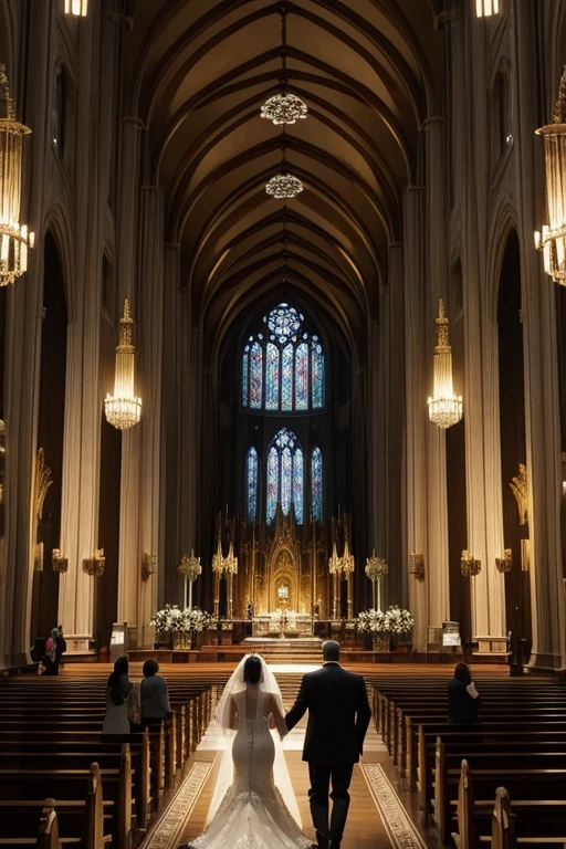 Dimly lit, gigantic golden cathedral seen at an angle slightly above those watching the wedding ceremony taking place. The bride is in the middle of the aisle that takes her to the altar, where the groom is waiting. the bride walks next to her father and both have their backs to the drawing's point of view. the cathedral is decorated with Renaissance paintings and ornaments on its columns. The image is being seen from above, a noiva, os convidados, o noivo, todos parecem bem pequenos, and everything has a magical and mysterious air. the point of view is centered with the altar, parece um sonho. make it seem as magical and close to fairy tales as possible. remembering that everything is made of gold. o casamento tem que parecer um conto de fadas.