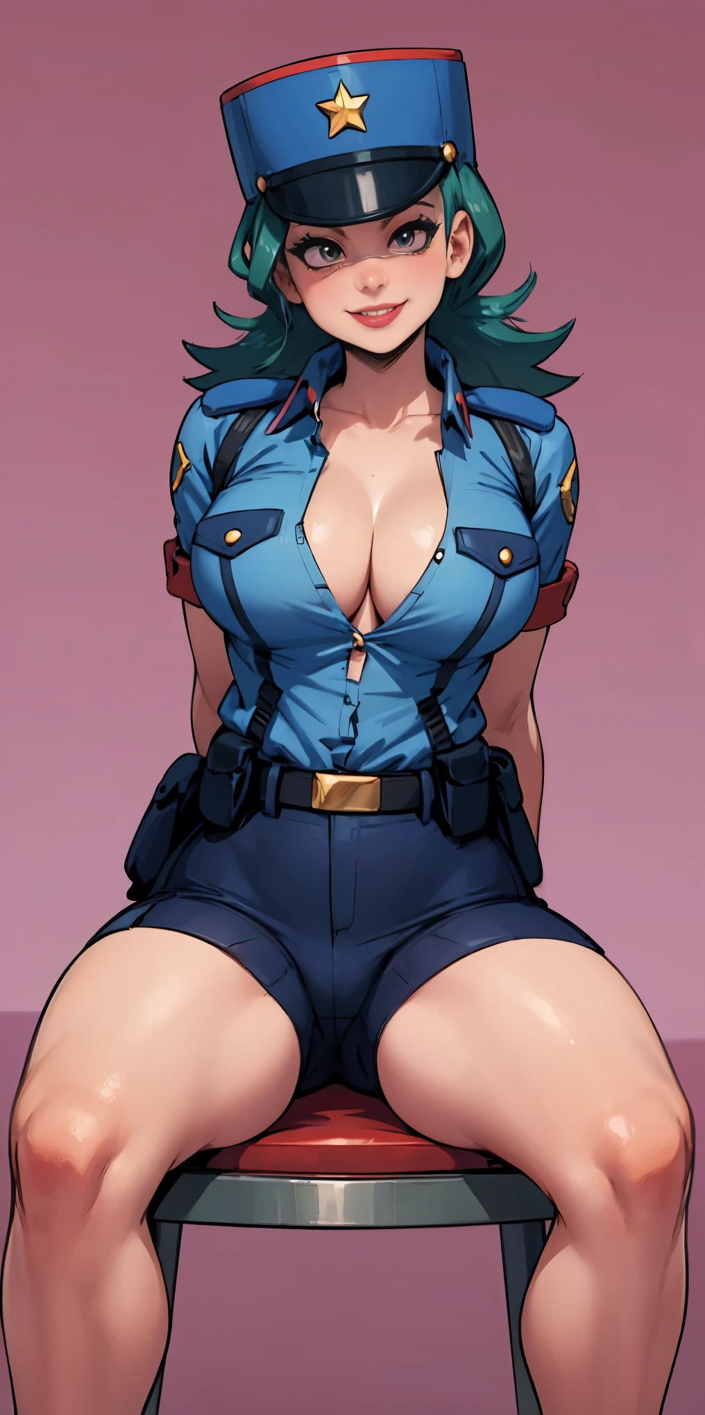 Jenny-pokemon, goregous police woman, sitting, perfect legs, ((arms behind back)), unbutton shirt, busty, colossal cleavage, lipstick, smiling, police cap, ((plain background:1.3))