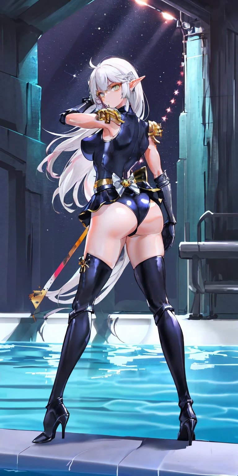 1solo dark black SKIN elf, long hair, white hair, yellow eyes, full body, breastplate, looking at viewer, shiny, armor, thigh highs, high boots, shoulder armor, faulds, poleyn, gloves, gauntlets, (((1 girl))), medium to large breasts, a beautiful and cute lady, standing, (((in the pool at night))), (big muscular ass), {{{wearing armor }}} (thin waist), (incredibly beautiful full body photo, standing, (((bright eyes))), good anatomy, perfect hand muscular legs))), thin waist, muscular abdomen, wearing black high heel shoes, (((with her back to me showing her big shapely ass to me)))