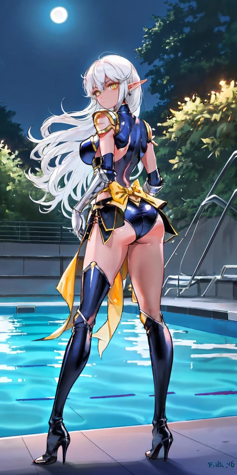 1solo dark black SKIN elf, long hair, white hair, yellow eyes, full body, breastplate, looking at viewer, shiny, armor, thigh highs, high boots, shoulder armor, faulds, poleyn, gloves, gauntlets, (((1 girl))), medium to large breasts, a beautiful and cute lady, standing, (((in the pool at night))), (big muscular ass), {{{wearing armor }}} (thin waist), (incredibly beautiful full body photo, standing, (((bright eyes))), good anatomy, perfect hand muscular legs))), thin waist, muscular abdomen, wearing black high heel shoes, (((with her back to me showing her big shapely ass to me)))