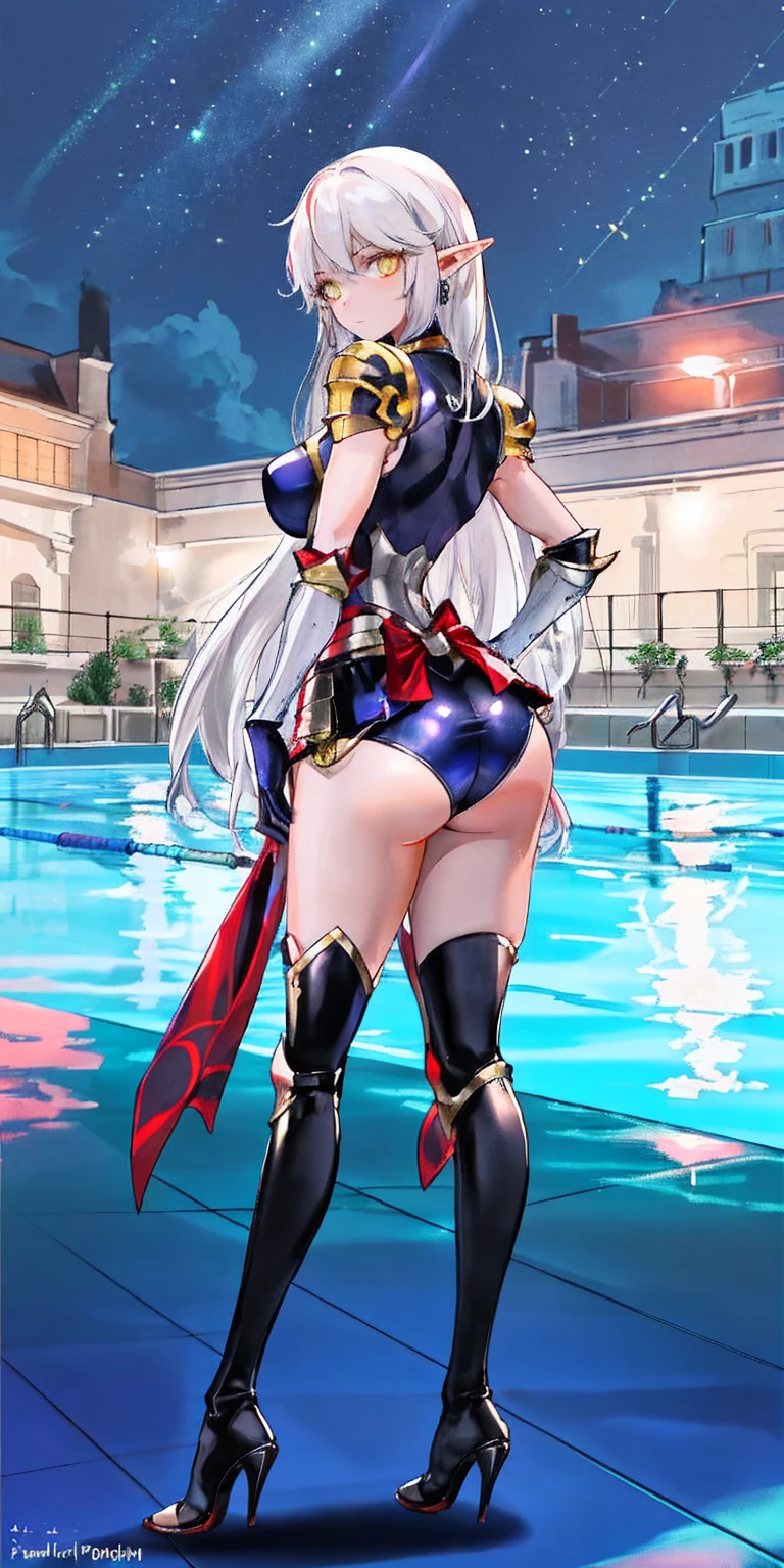 1solo dark black SKIN elf, long hair, white hair, yellow eyes, full body, breastplate, looking at viewer, shiny, armor, thigh highs, high boots, shoulder armor, faulds, poleyn, gloves, gauntlets, (((1 girl))), medium to large breasts, a beautiful and cute lady, standing, (((in the pool at night))), (big muscular ass), {{{wearing armor }}} (thin waist), (incredibly beautiful full body photo, standing, (((bright eyes))), good anatomy, perfect hand muscular legs))), thin waist, muscular abdomen, wearing black high heel shoes, (((with her back to me showing her big shapely ass to me)))