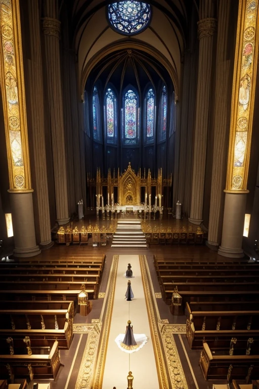 Dimly lit, gigantic golden cathedral seen at an angle slightly above those watching the wedding ceremony taking place. The bride is in the middle of the aisle that takes her to the altar, where the groom is waiting. the bride walks next to her father and both have their backs to the drawing&#39;s point of view. the cathedral is decorated with Renaissance paintings and ornaments on its columns. The image is being seen from above, a noiva, os convidados, o noivo, todos parecem bem pequenos, and everything has a magical and mysterious air. the point of view is centered with the altar, parece um sonho. make it seem as magical and close to fairy tales as possible. remembering that everything is made of gold. o casamento tem que parecer um conto de fadas.