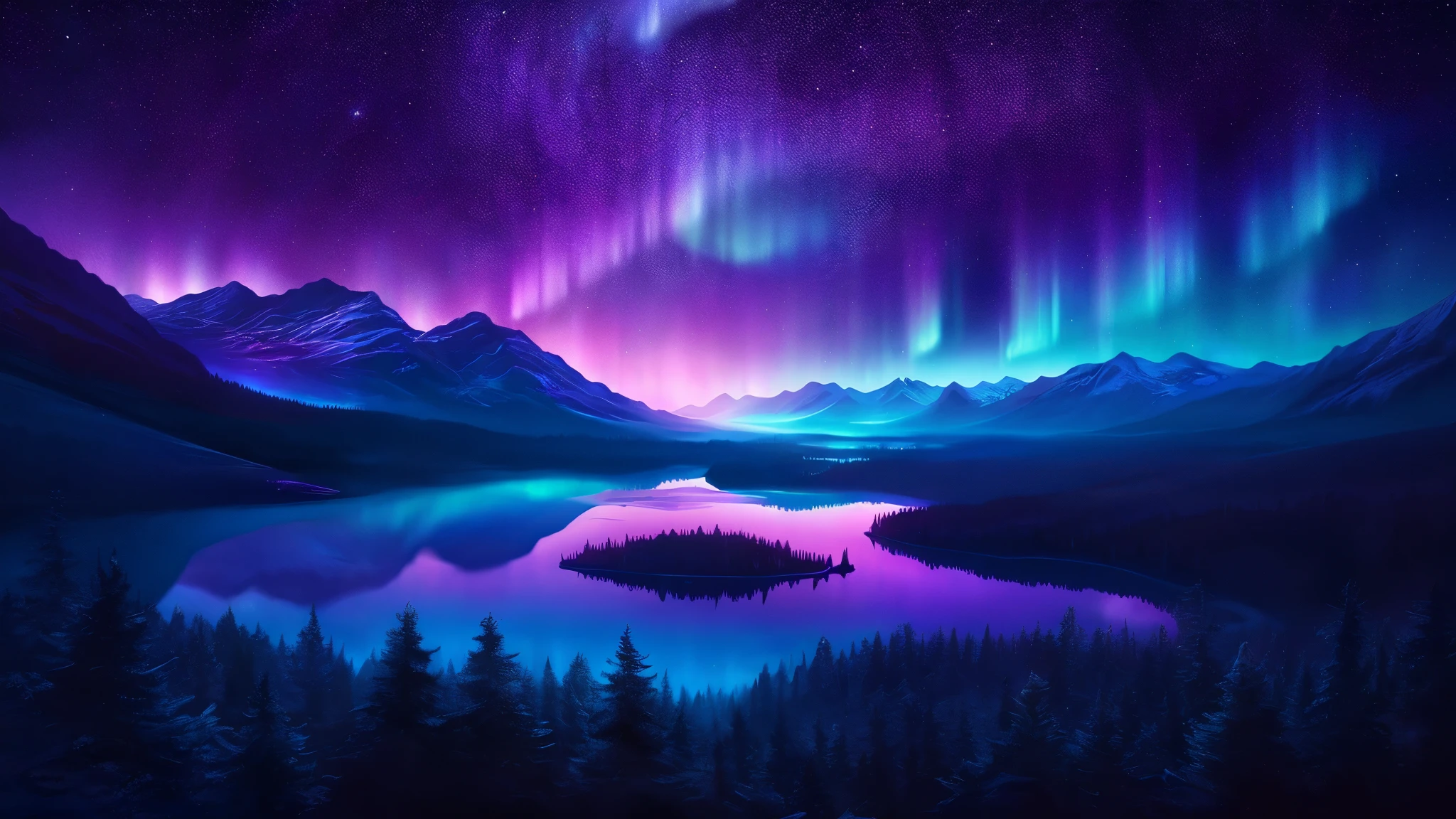 a purple and blue aurora bore over a lake surrounded by trees, 8k stunning artwork, beautiful art uhd 4 k, wallpaper 4k, wallpaper 4 k, magnificent background, inspired by Christopher Balaskas, by Christopher Balaskas, dream like atmosphere 8k, surreal colors, magical colors and atmosphere, amazing wallpaper, northern lights background, magical landscape