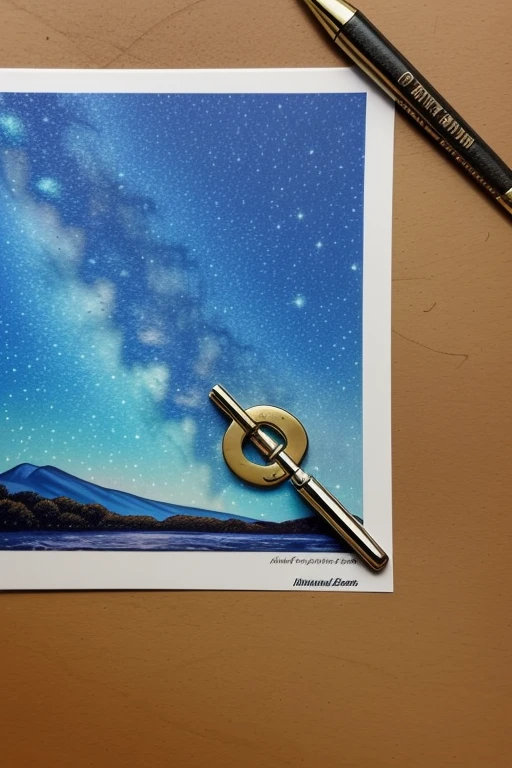 um feiticeiro fazendo magia, de onde sai um grande chaveiro de mdf, ilustrado com o desenho fantasioso de uma chave mestra, with a blue starry sky background