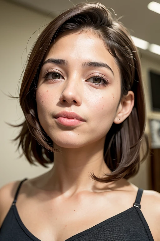 A young beautiful girl, freckled face, black hair, full lips, small neat nose, big eyes, makeup , small breasts